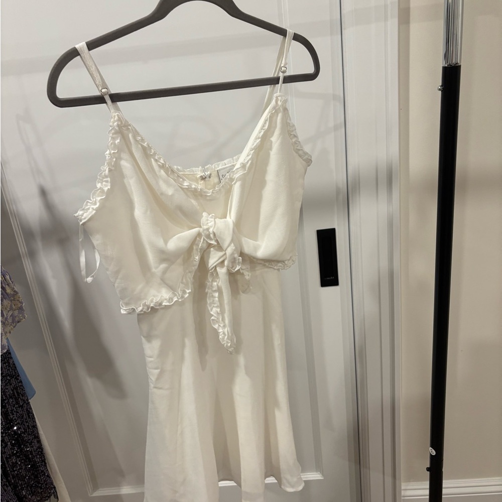 Selfie Leslie - White Slip Dress with Ruffle Trim